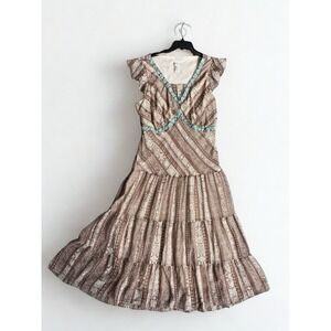 Boho Tiered Brown Printed V-Neck Dress with Teal Trim